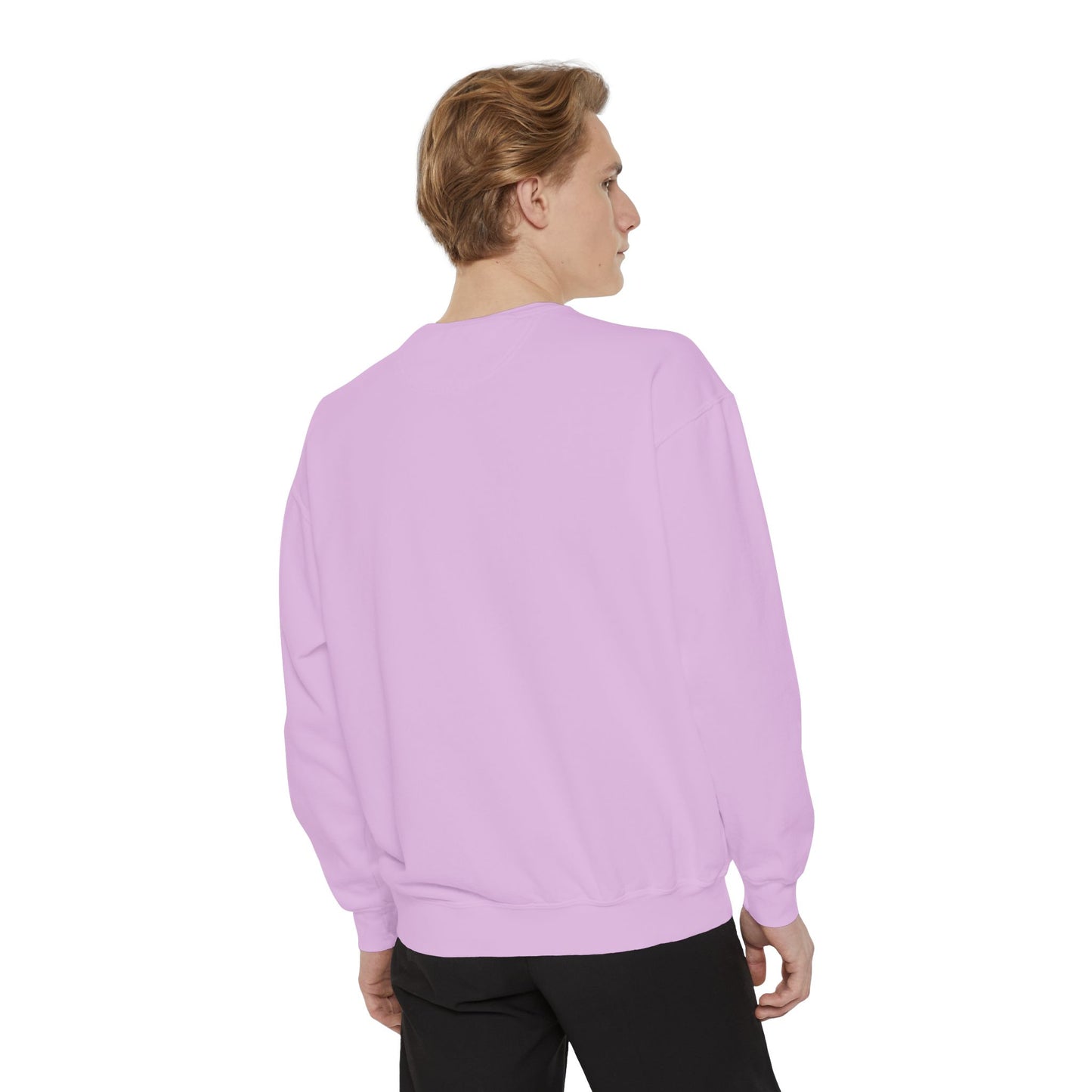 Person wearing a light purple sweatshirt