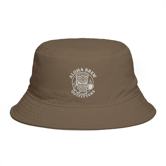 Brown bucket hat with a logo on a white background