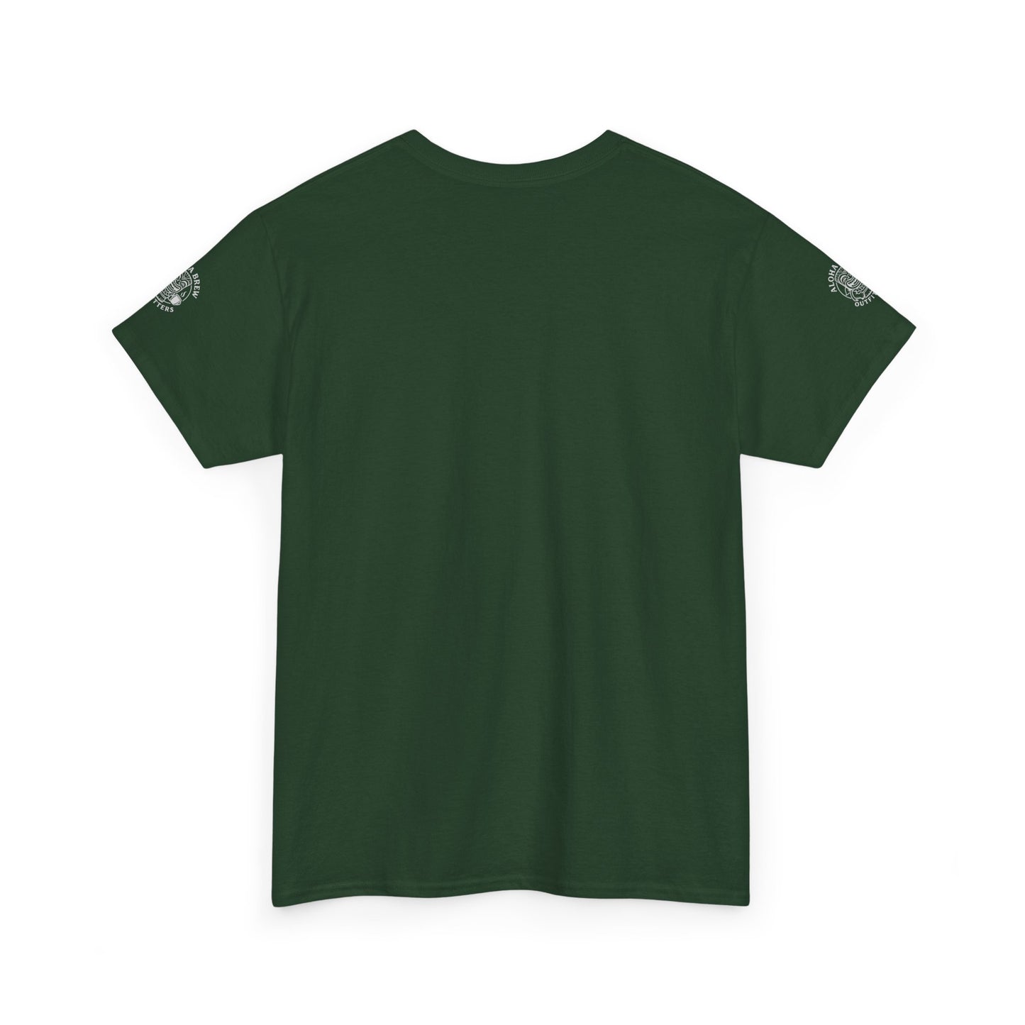 Green t-shirt with logo on sleeves against a white background