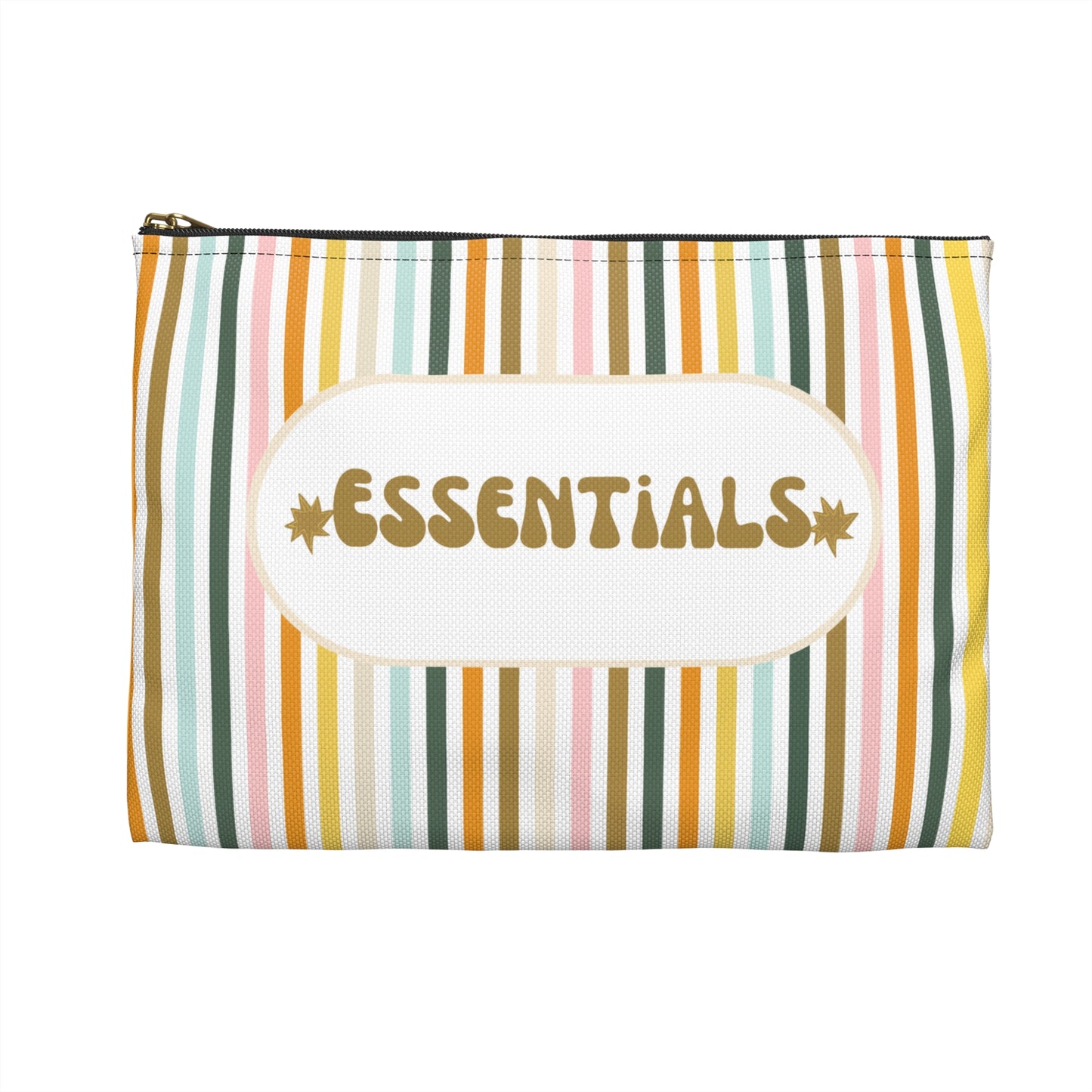 Striped essentials travel pouch with zipper and “Essentials” text front view
