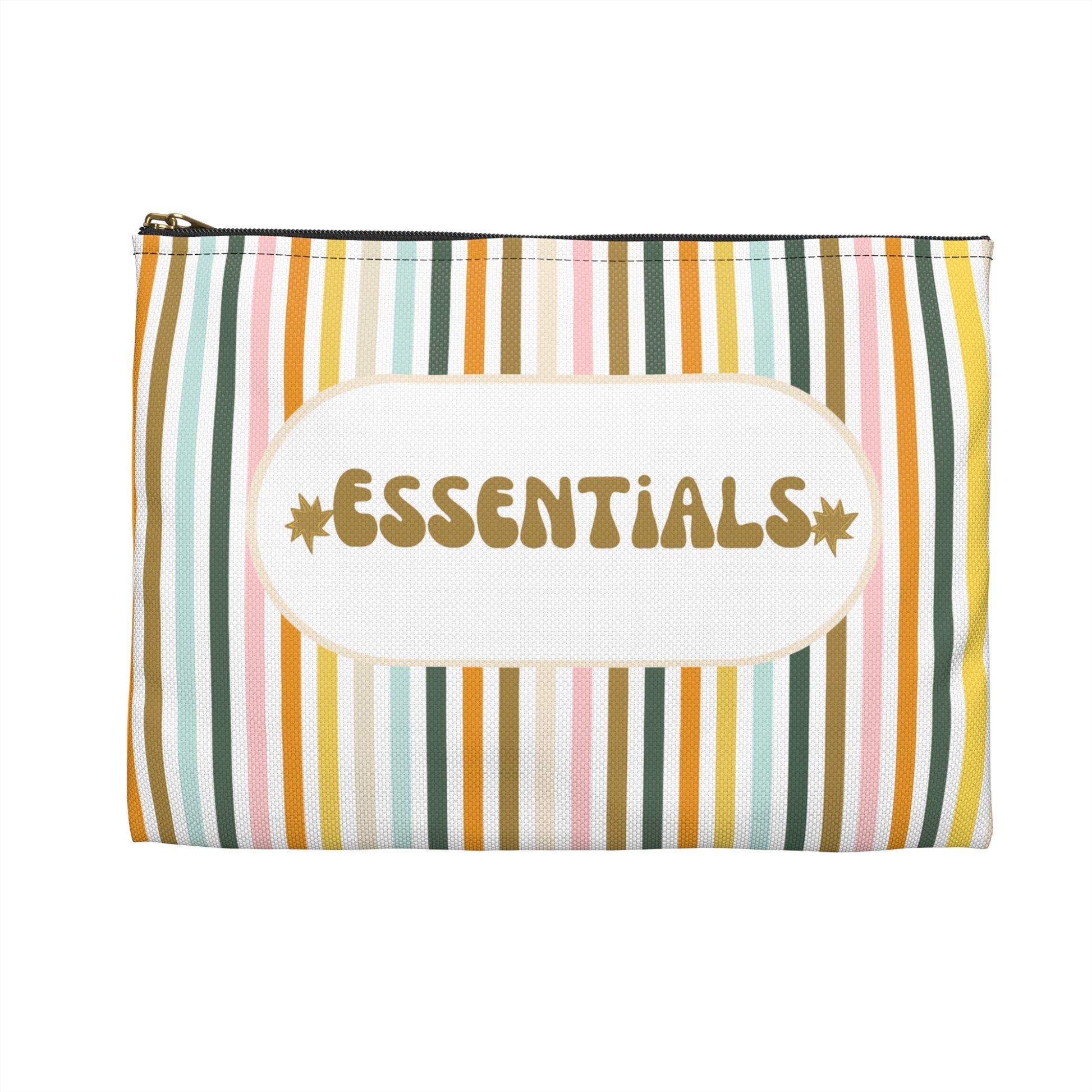 Striped essentials travel pouch with zipper and “Essentials” text front view
