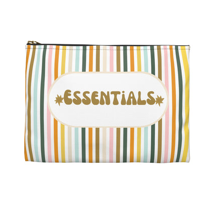 Striped essentials travel pouch with zipper and “Essentials” text front view
