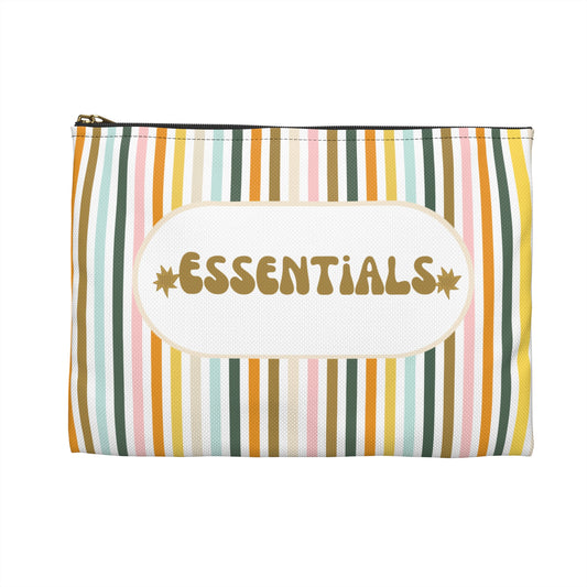 Striped essentials travel pouch with zipper and “Essentials” text front view
