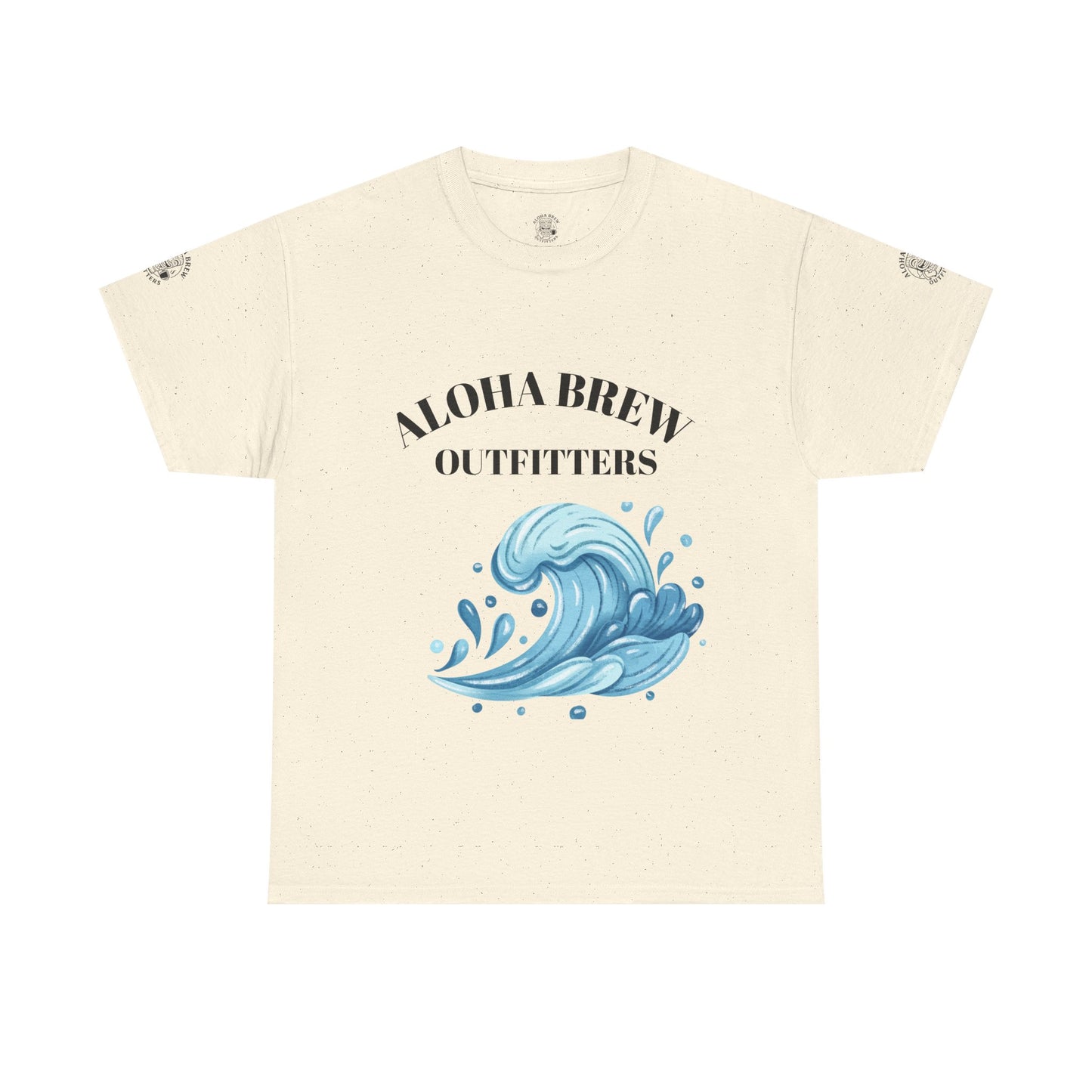Beige t-shirt with 'Aloha Brew Outfitters' logo and blue wave design on a white background