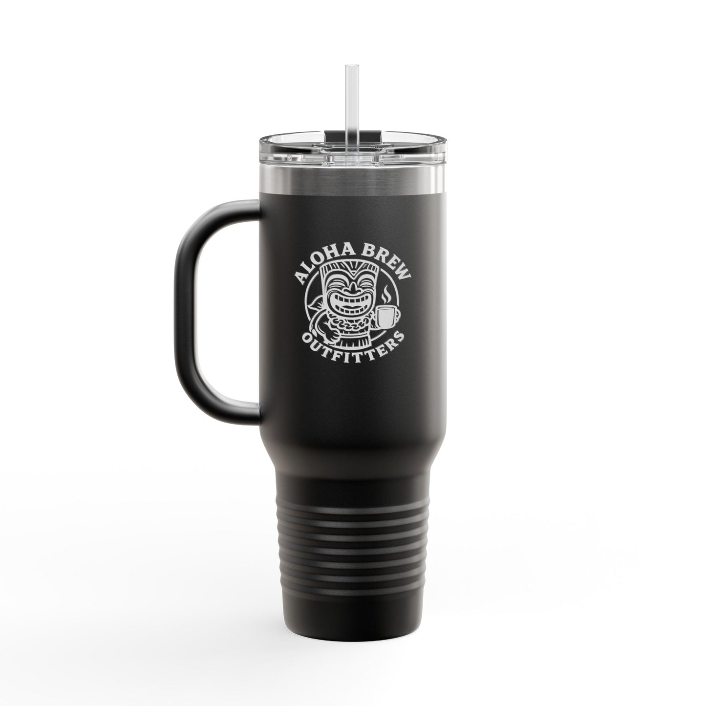 Black insulated travel mug with handle aloha brew logo
