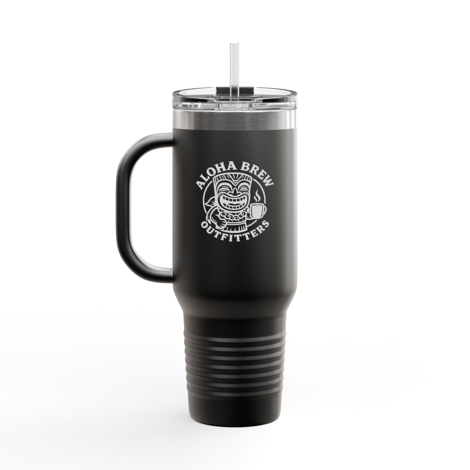 Black insulated travel mug with handle aloha brew logo
