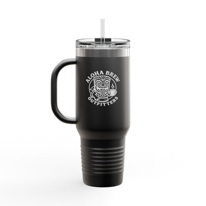 Black insulated travel mug with handle aloha brew logo
