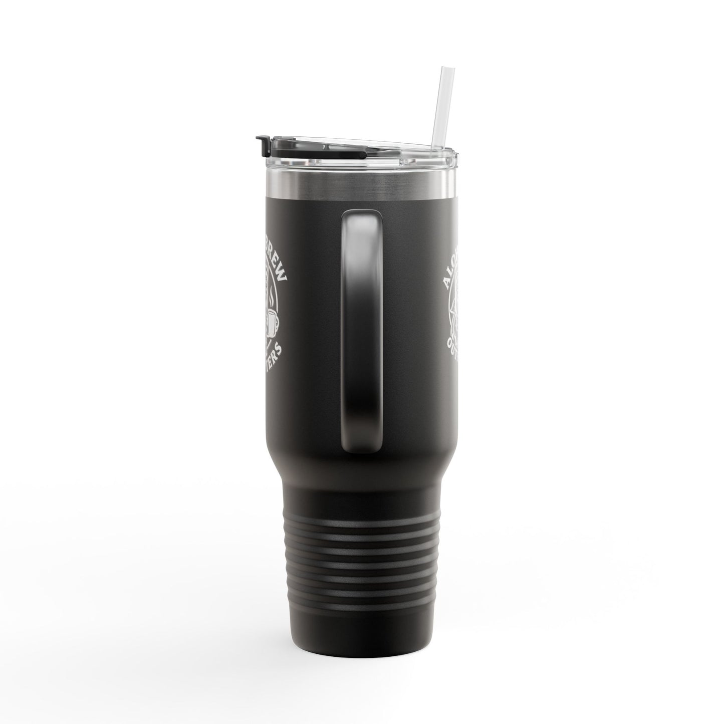 Black insulated tumbler with straw on a white background