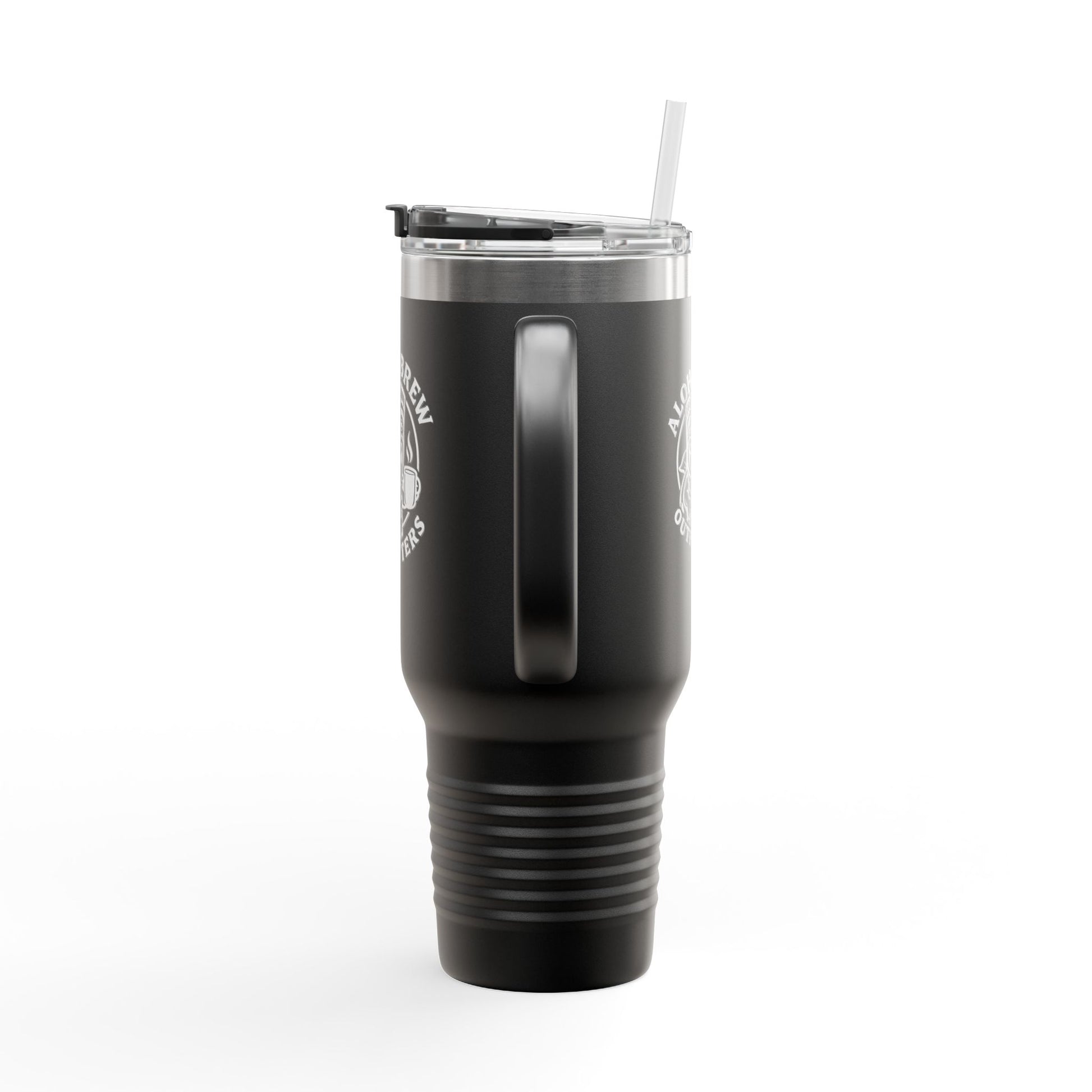 Black insulated tumbler with straw on a white background