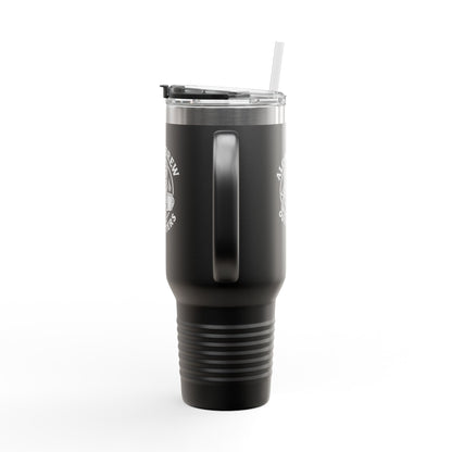 Black insulated tumbler with straw on a white background