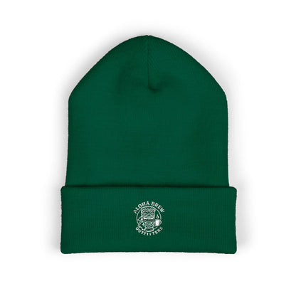 Green Aloha Brew embroidered beanie front view