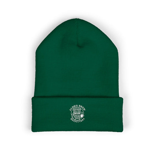 Green Aloha Brew embroidered beanie front view