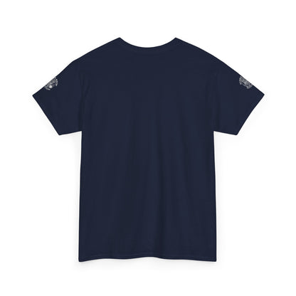 Navy blue t-shirt with a small white logo on the shoulders