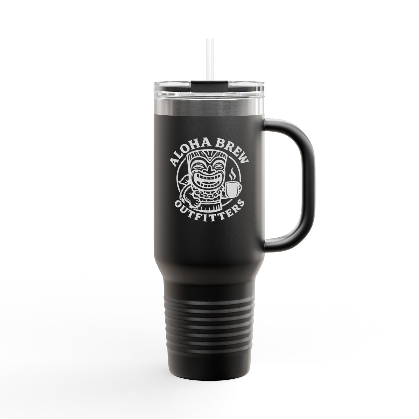 Black insulated travel mug with handle aloha brew logo
