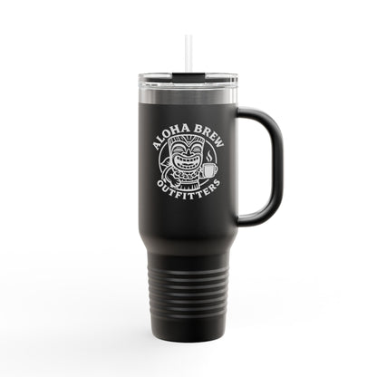 Black insulated travel mug with handle aloha brew logo
