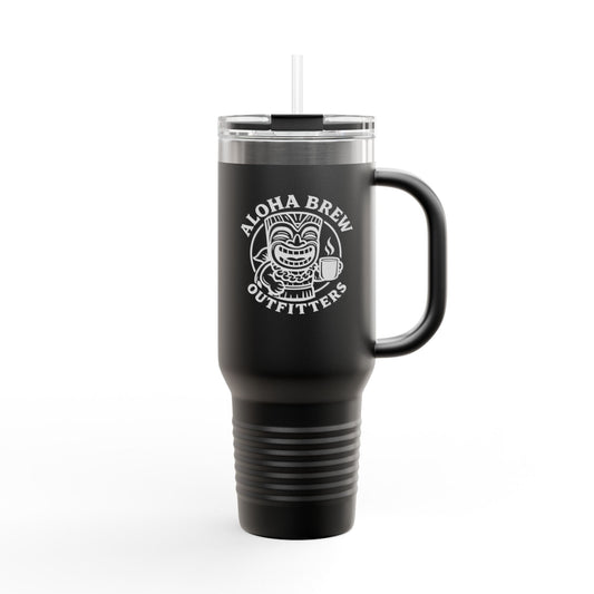 Black insulated travel mug with handle aloha brew logo
