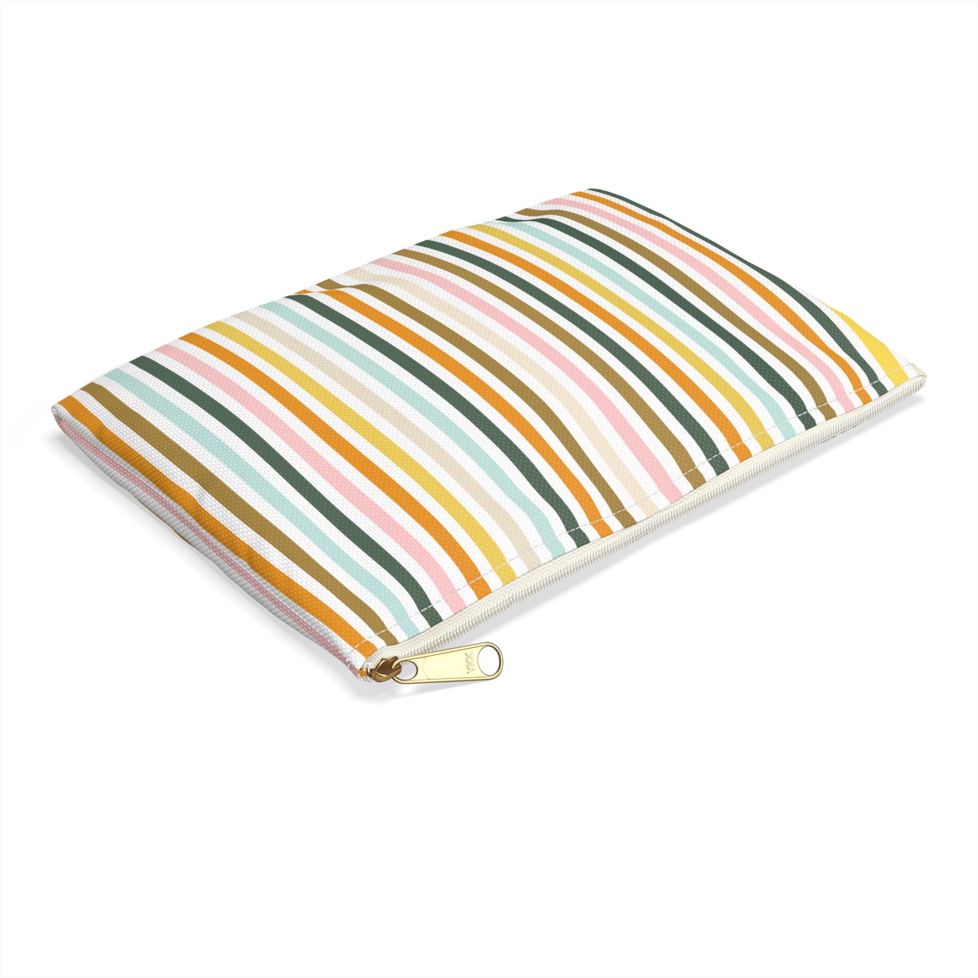 Striped pouch with a gold zipper on a white background