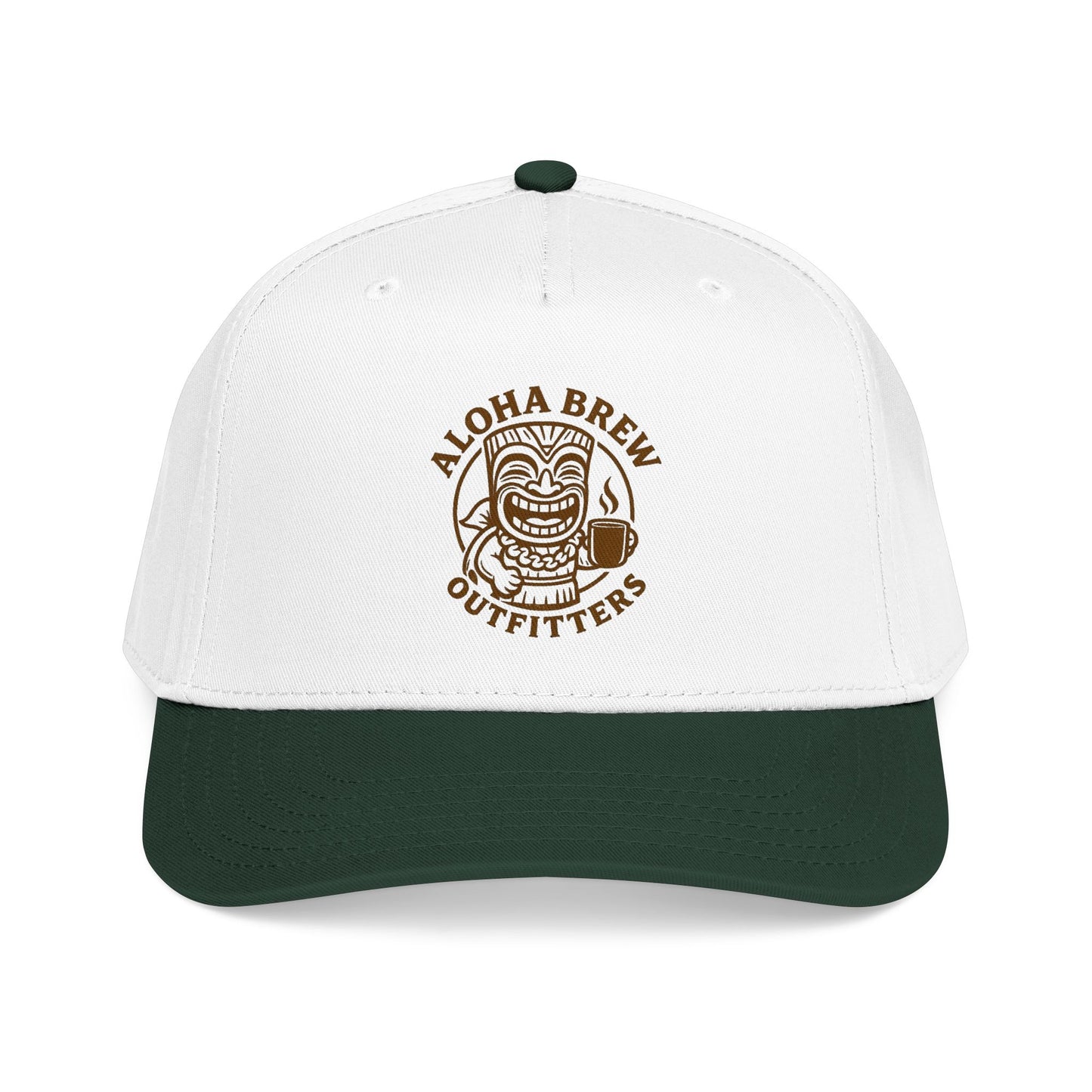 White and green cap with Aloha Brew Outfitters logo on a white background