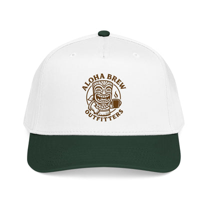 White and green cap with Aloha Brew Outfitters logo on a white background