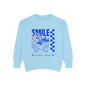Light blue sweatshirt with blue graphic and text 