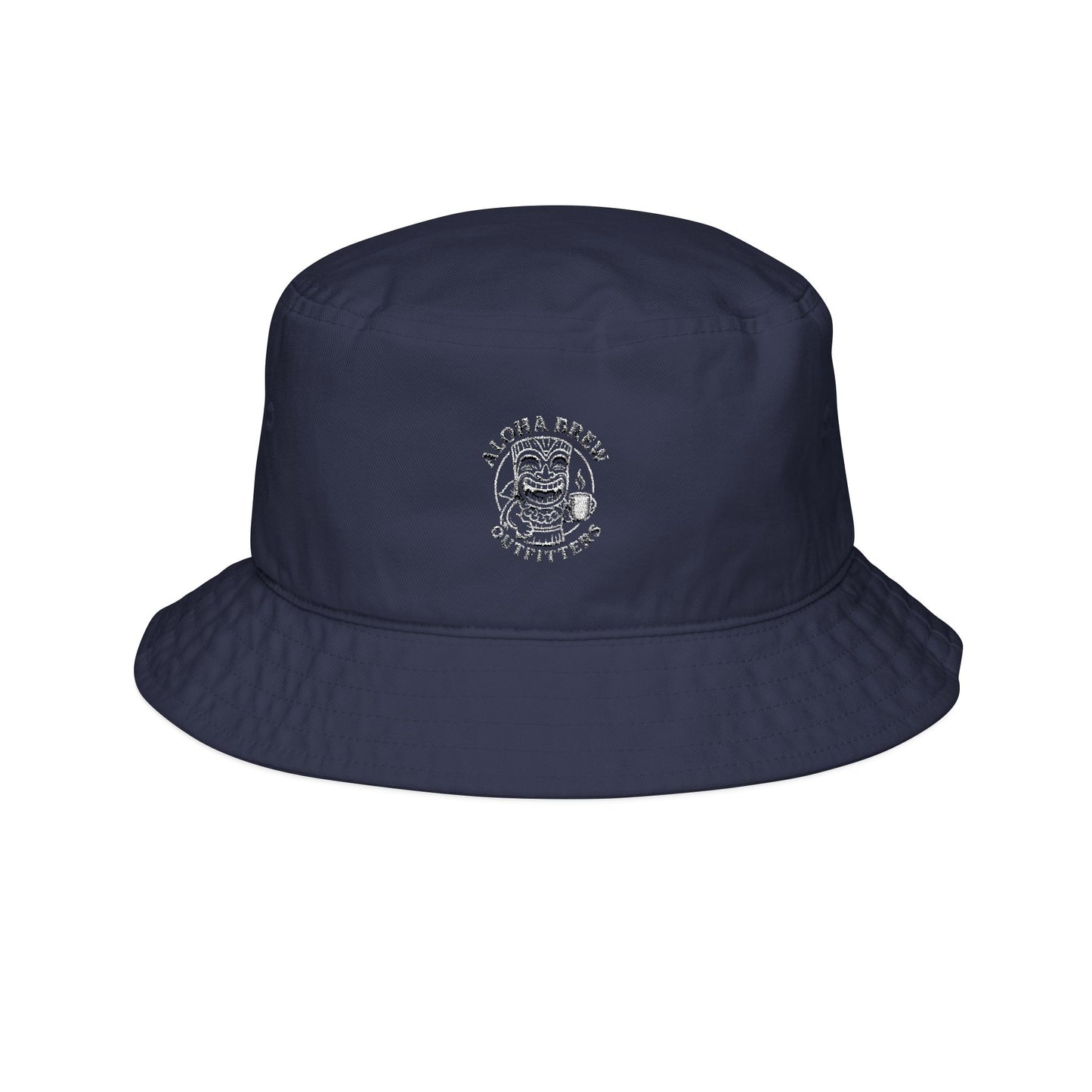 Navy blue embroidered bucket hat front view