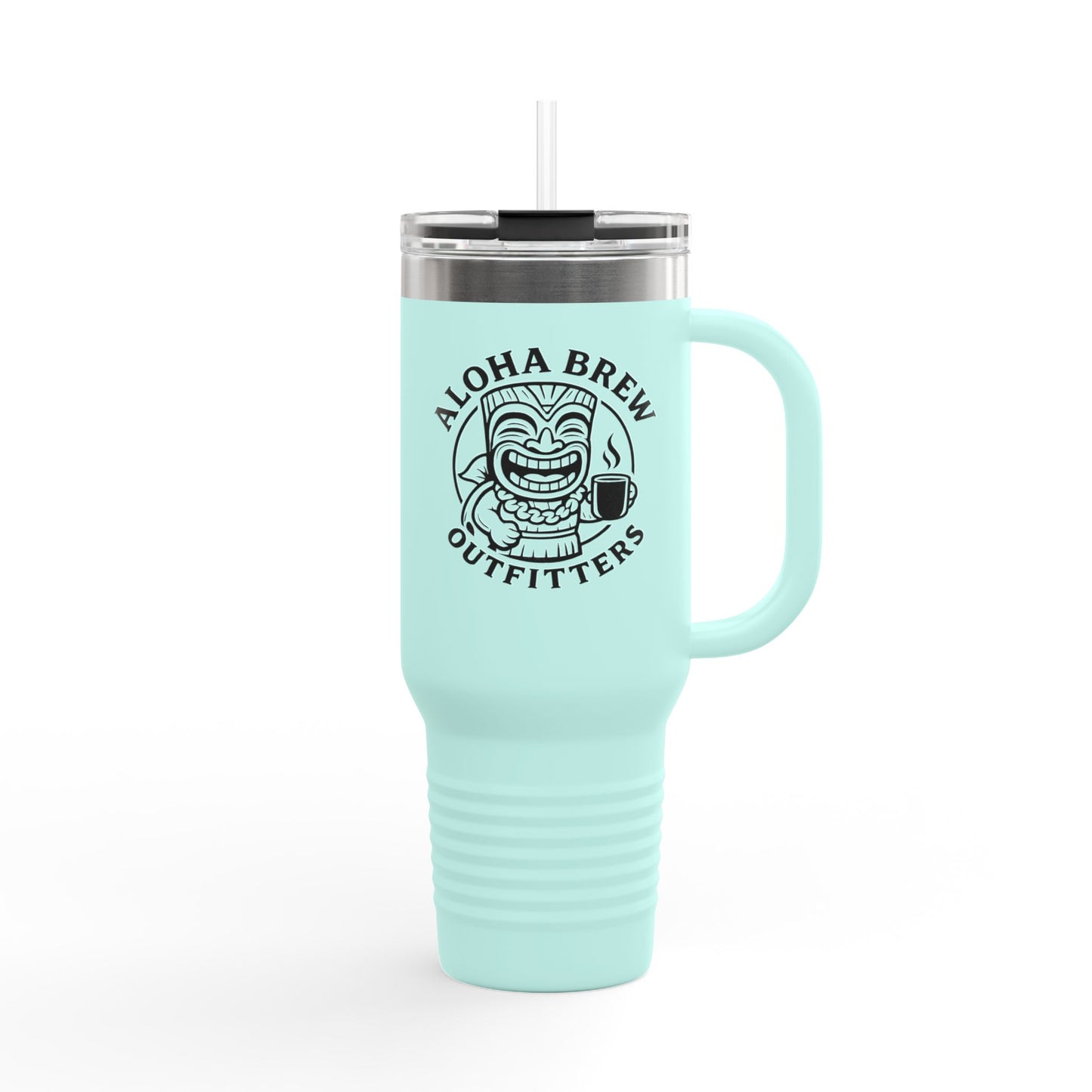 Light blue tumbler with 'Aloha Brew Outfitters' logo 