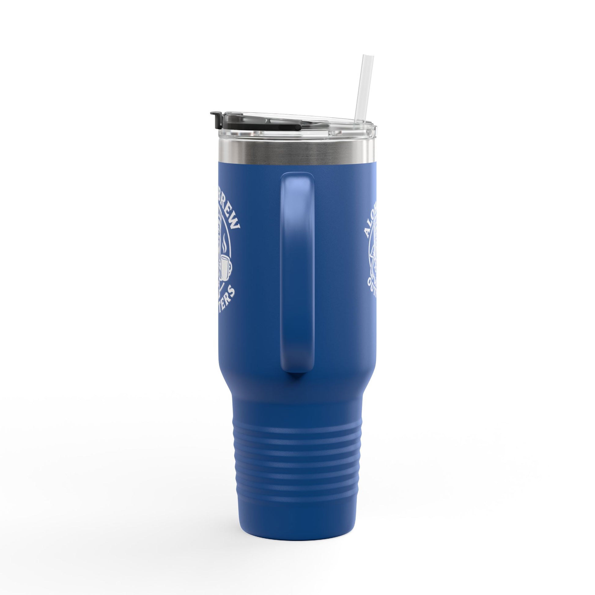 Blue tumbler with a straw on a white background