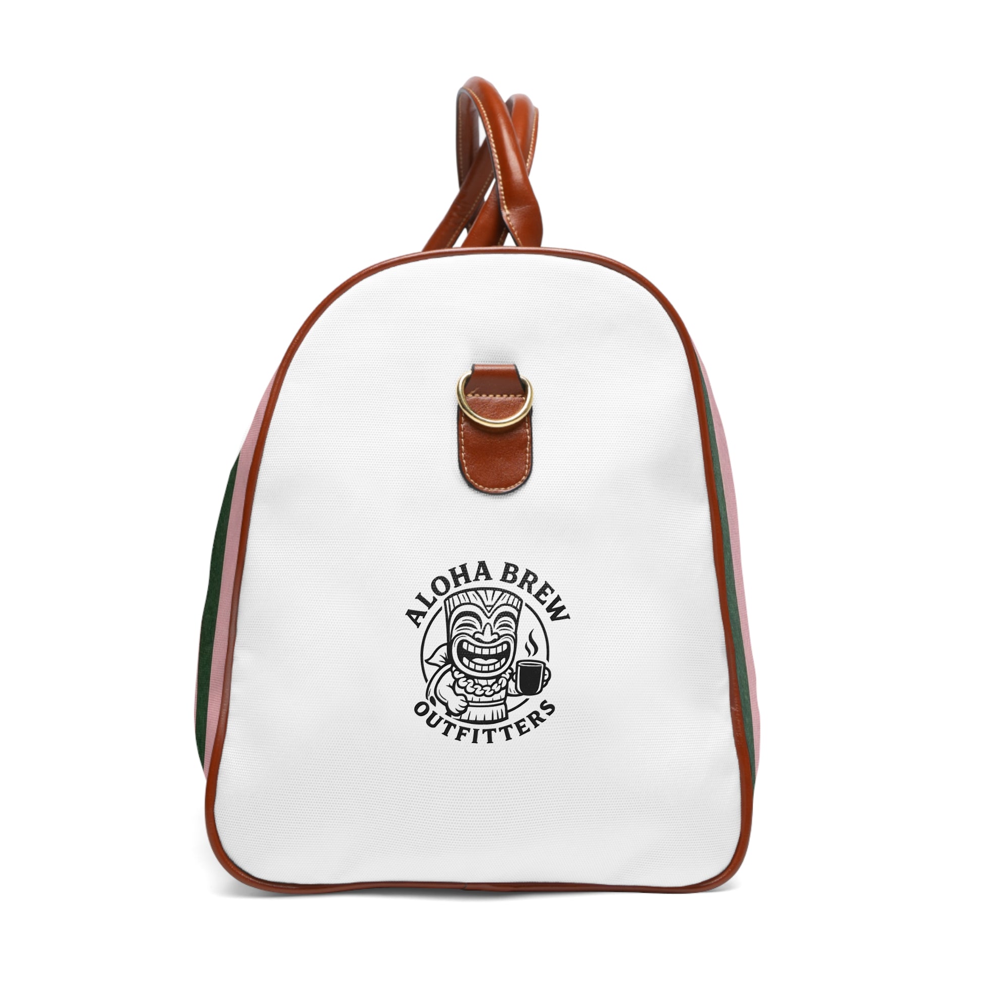 Lightweight striped travel bag with brown straps and 'Aloha Brew Outfitters' logo on a white background