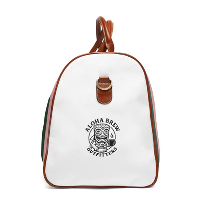 Lightweight striped travel bag with brown straps and 'Aloha Brew Outfitters' logo on a white background