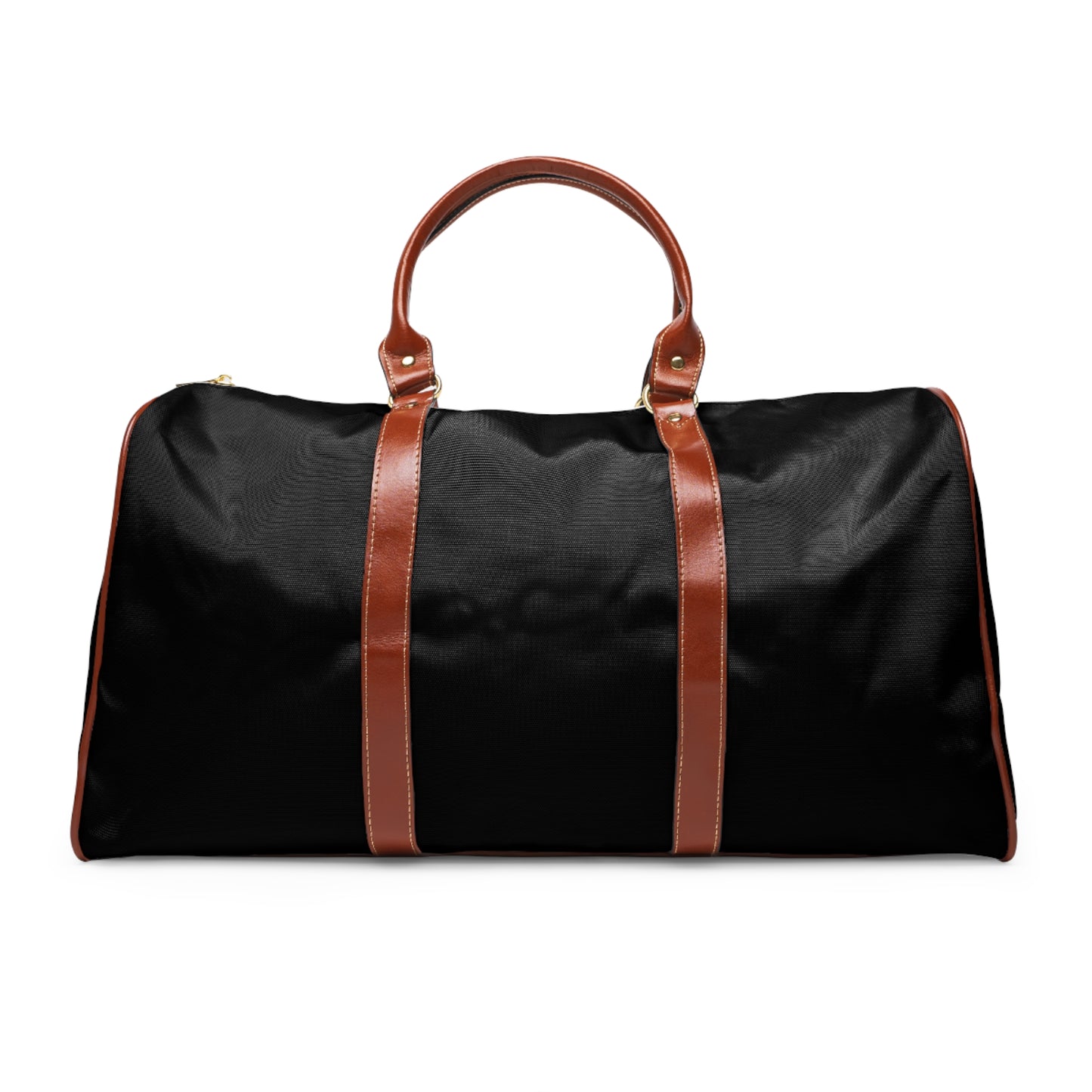 Black waterproof weekender duffle bag with brown leather handles front view