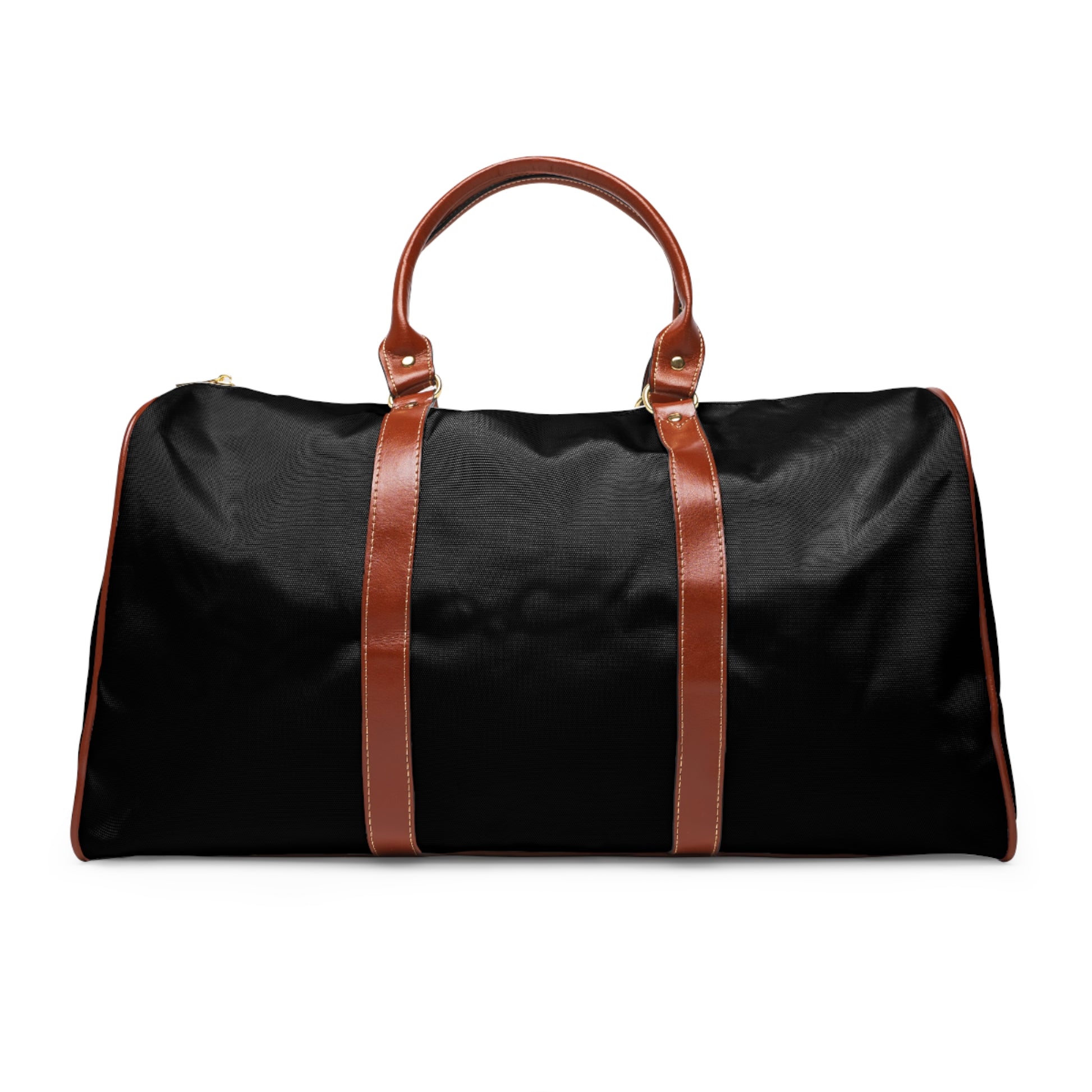 Black waterproof weekender duffle bag with brown leather handles front view