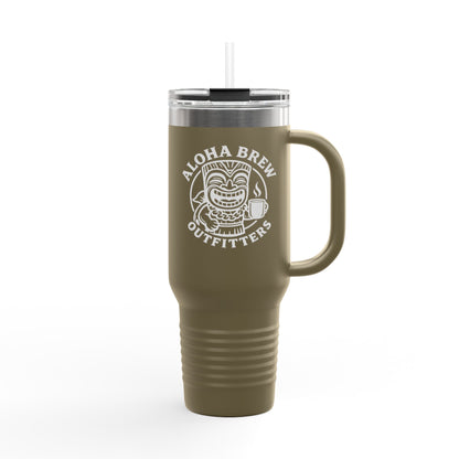 Olive green travel mug with Aloha Brew Outfitters logo on a white background