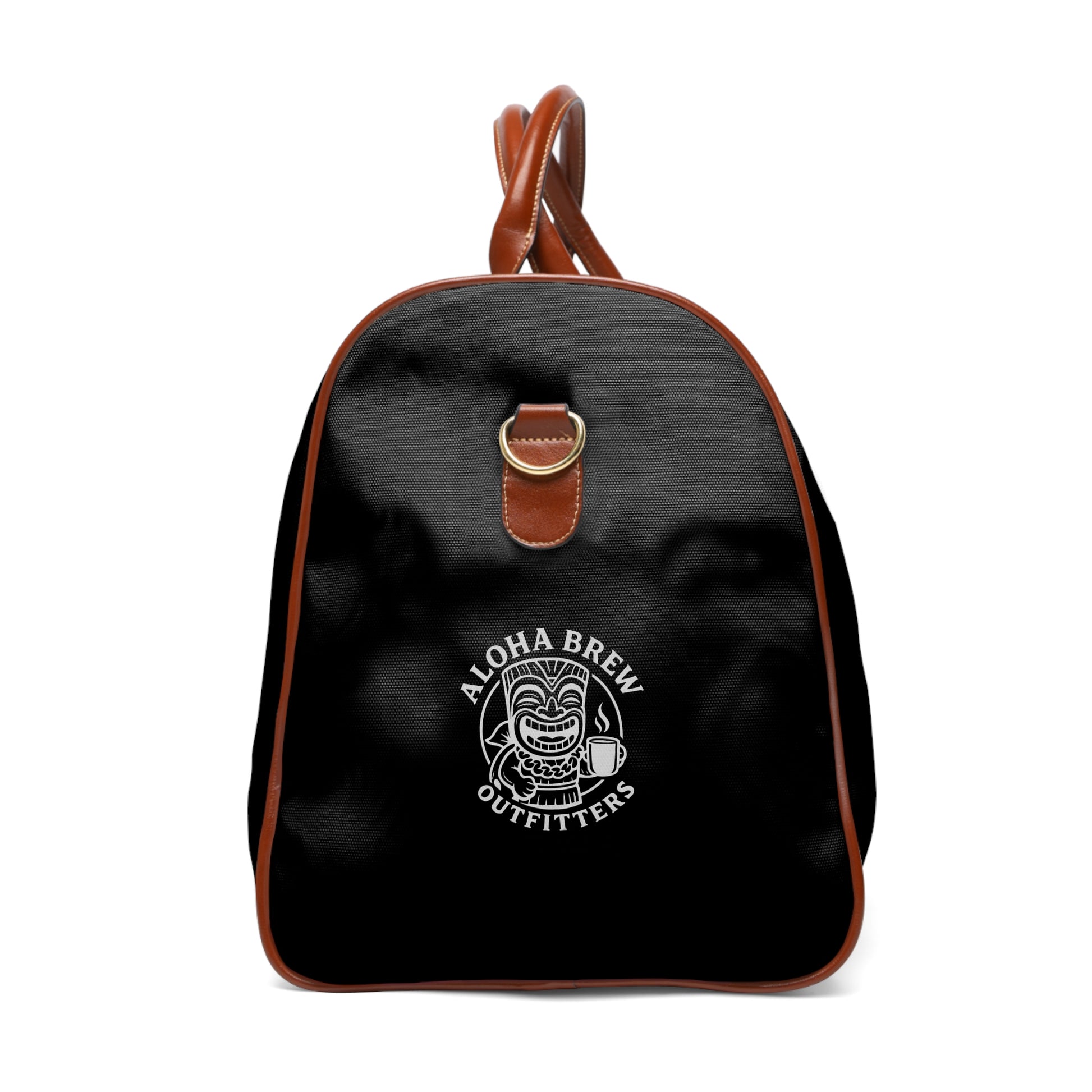 Black backpack with brown straps and 'Aloha Brew Outfitters' logo on a black background