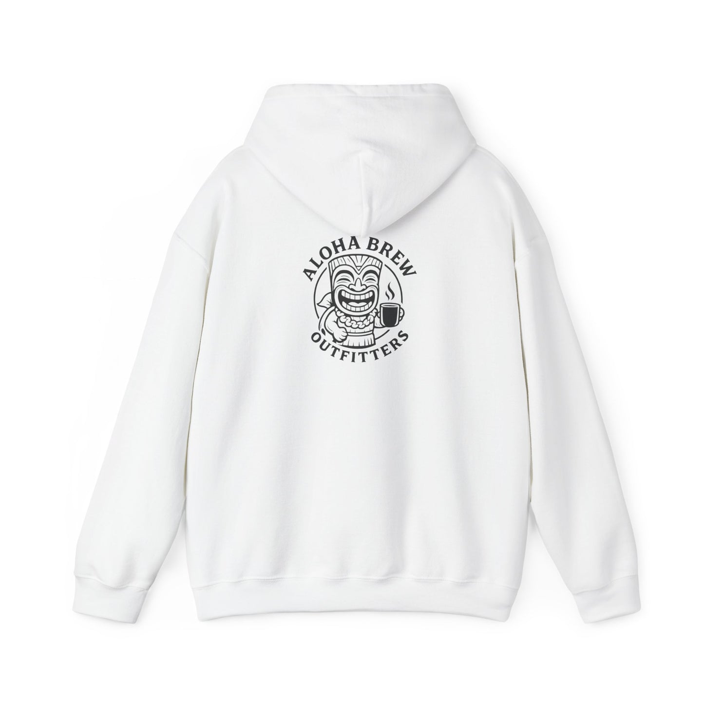 White hoodie with black logo on the back on a white background