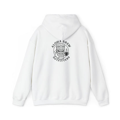 White hoodie with black logo on the back on a white background