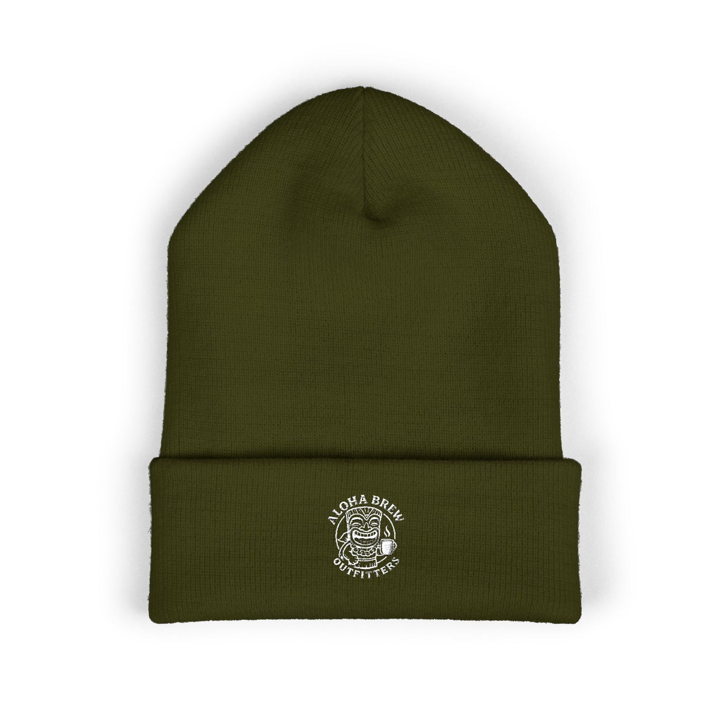 Green beanie with a logo on a white background
