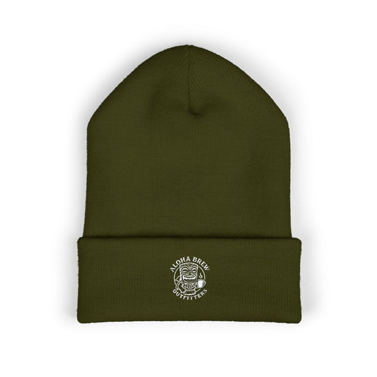 Green beanie with a logo on a white background