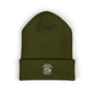 Green beanie with a logo on a white background