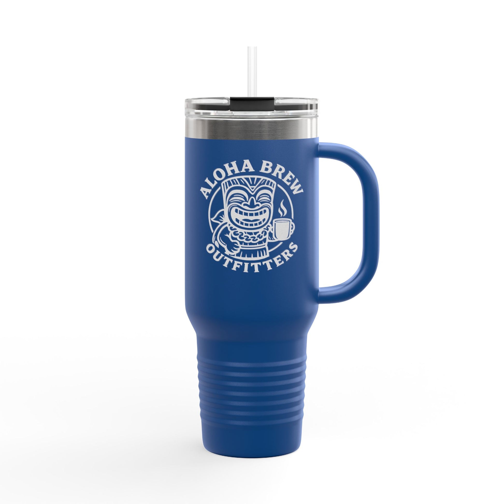 Blue travel mug with Aloha Brew Outfitters logo on a white background