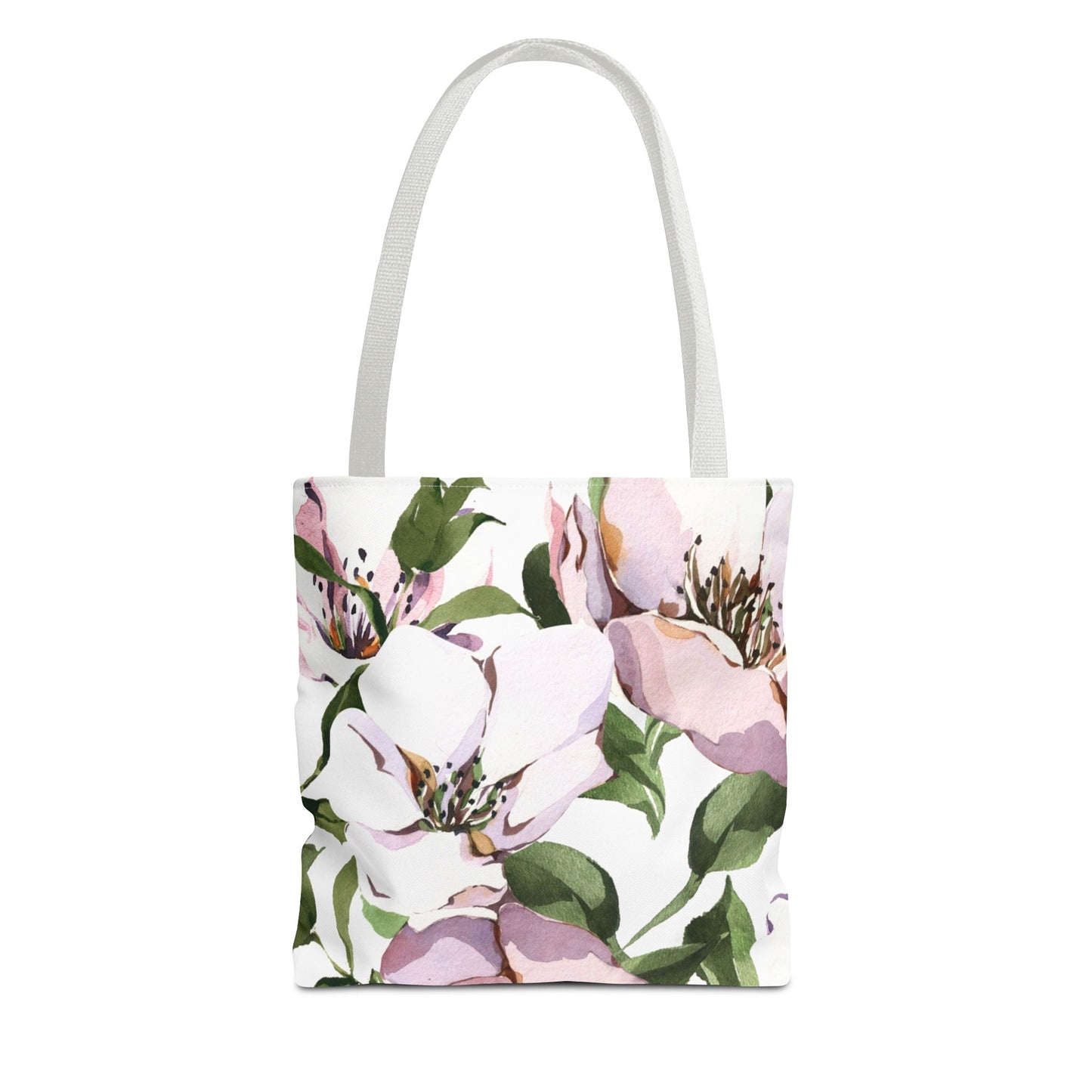 Elegant canvas tote bag with soft floral design and modern typography

