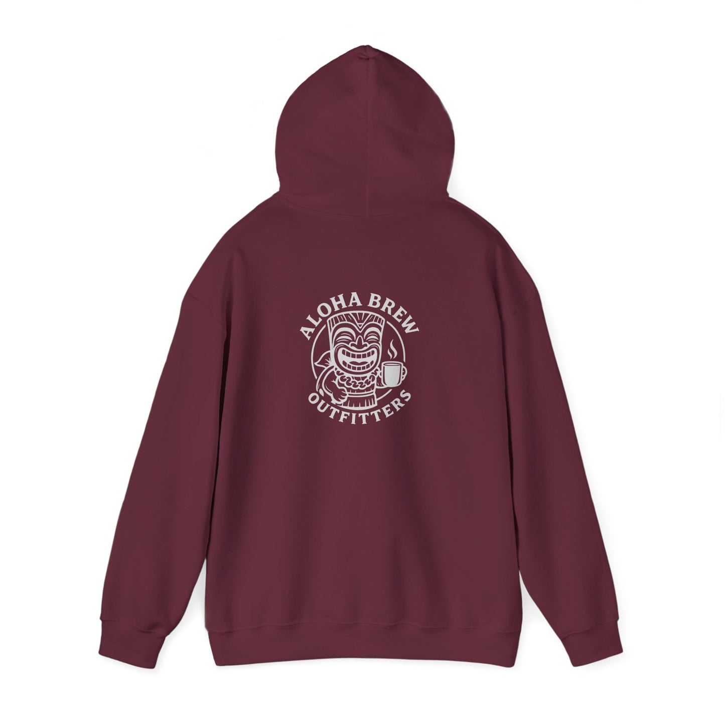 Maroon hoodie with ALOHA BREW OUTFITTER logo on the back against a white background