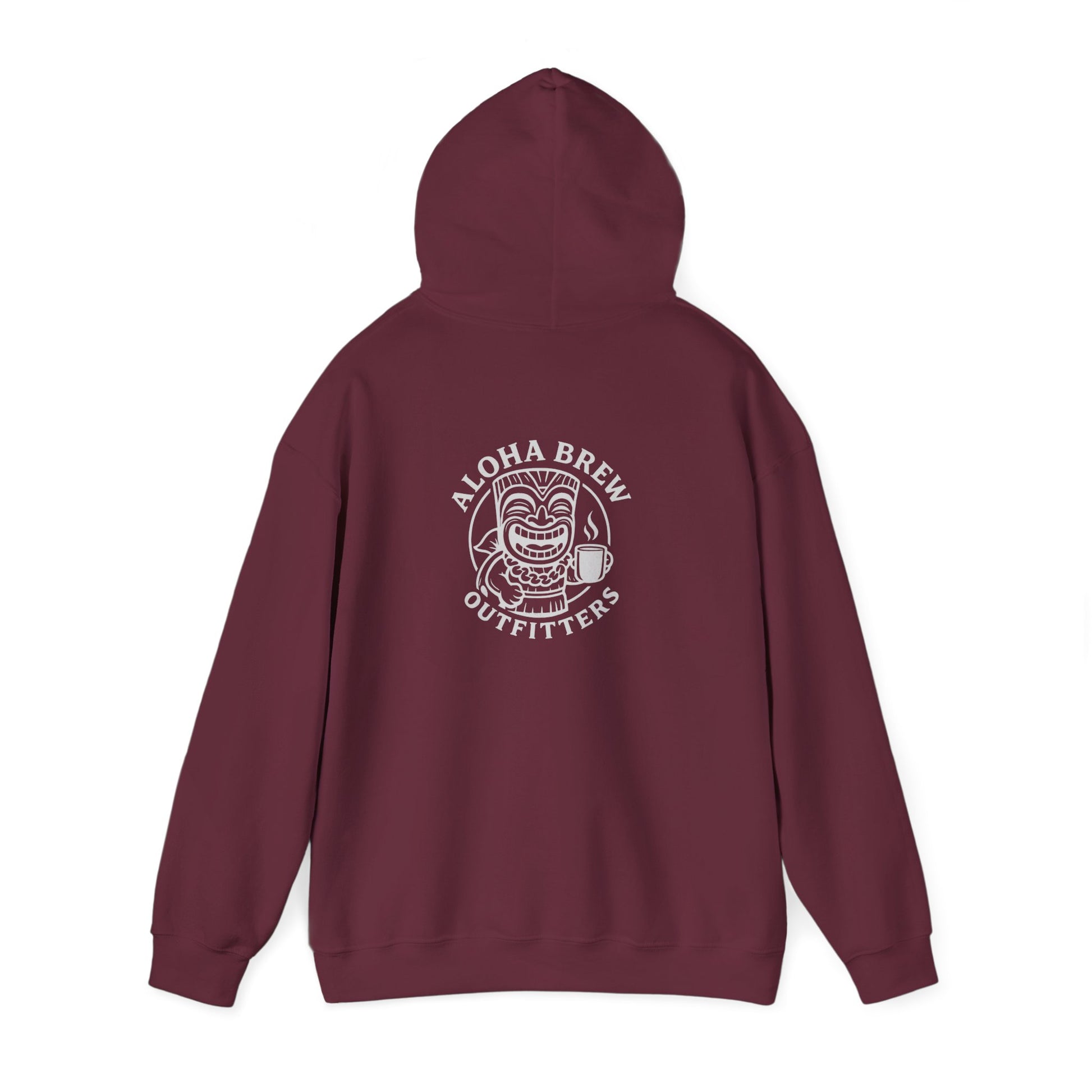 Maroon hoodie with ALOHA BREW OUTFITTER logo on the back against a white background