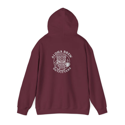Maroon hoodie with ALOHA BREW OUTFITTER logo on the back against a white background
