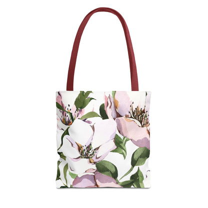 Pastel floral tote bag with spacious interior for travel essentials
