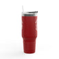 Red tumbler with a silver lid on a white background