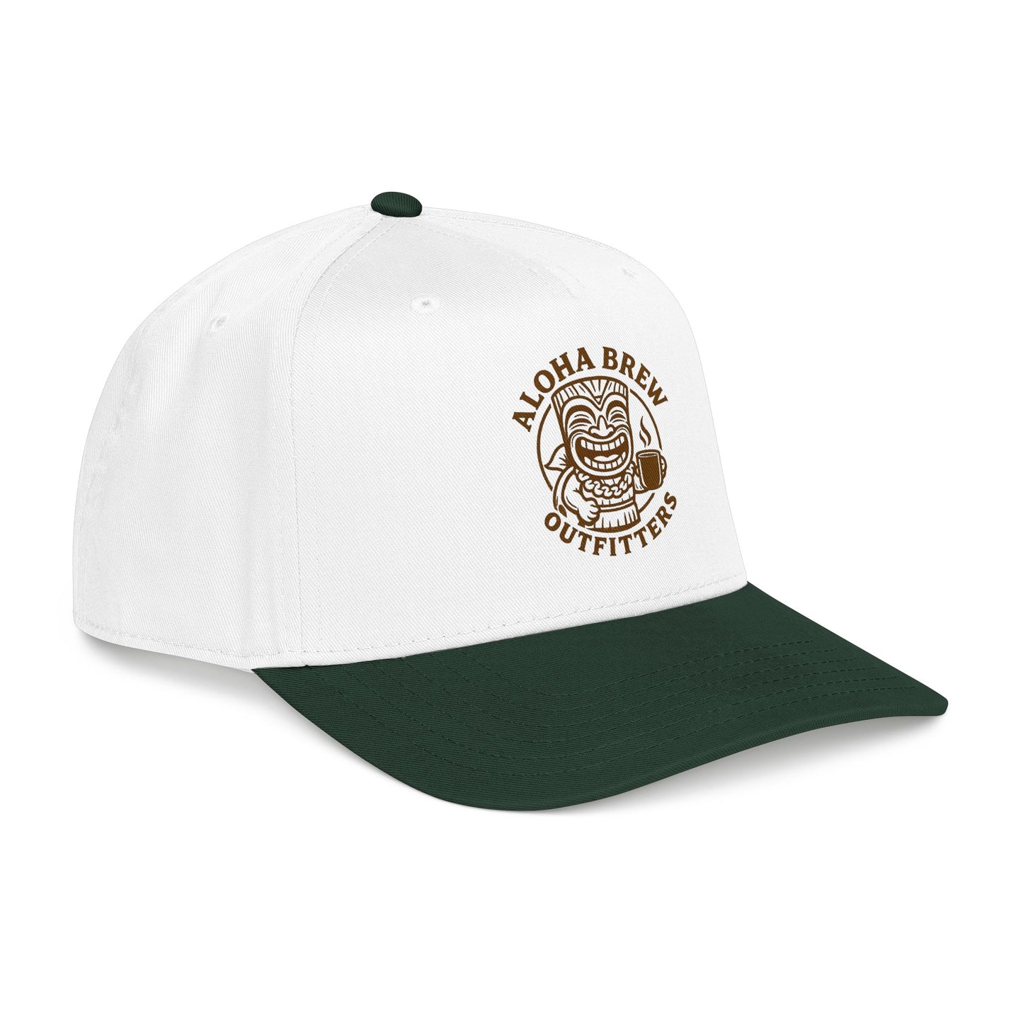White and green  cap with Aloha Brew Outfitters logo on a white background