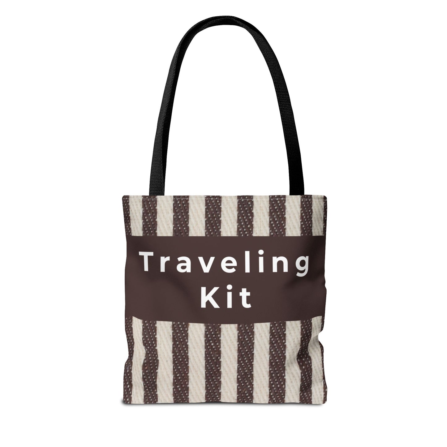 Striped canvas tote bag with brown panel and black handles front view