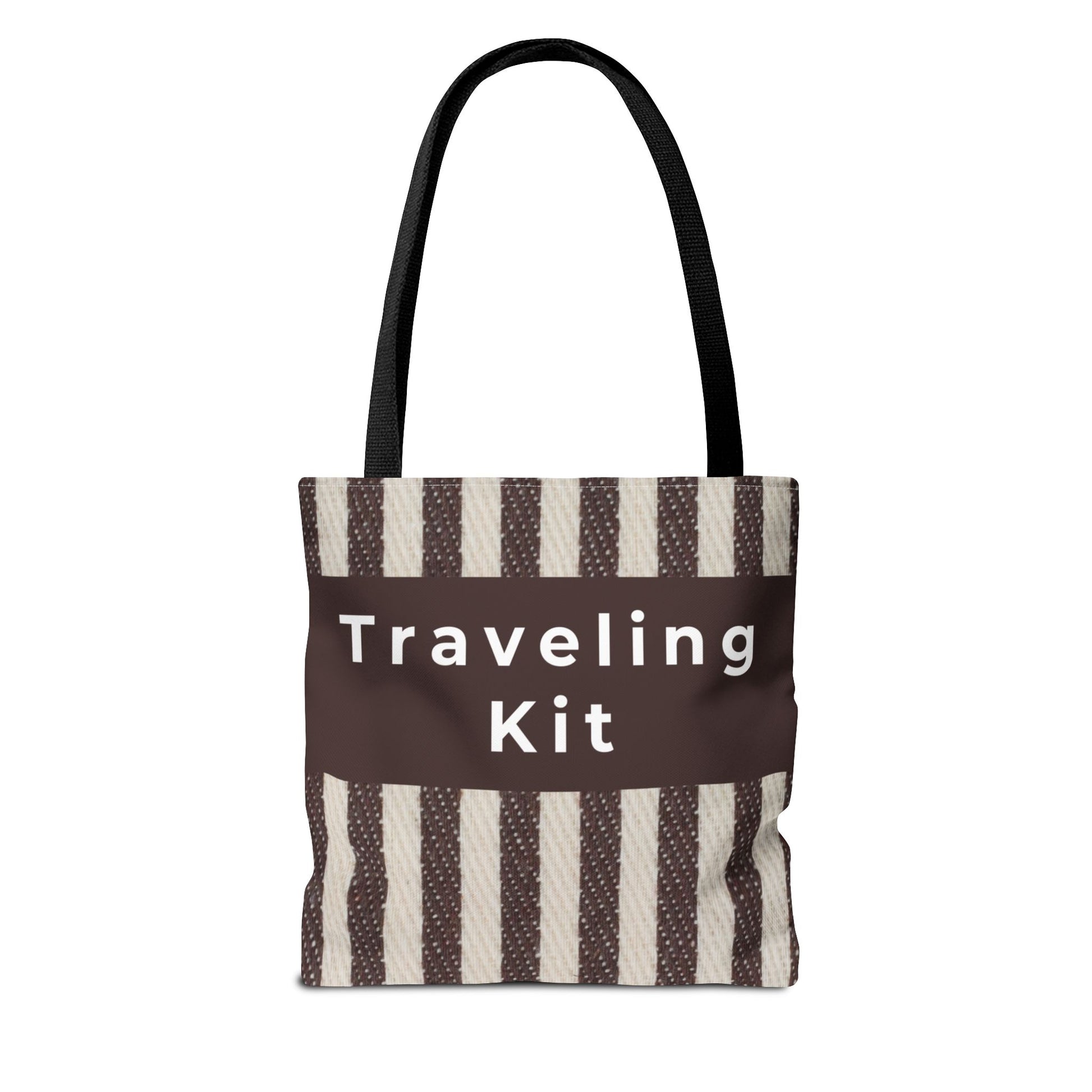 Striped canvas tote bag with brown panel and black handles front view
