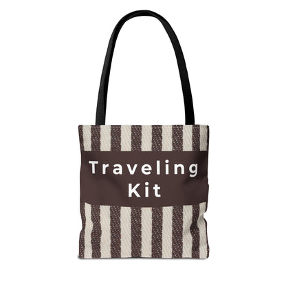 Striped canvas tote bag with brown panel and black handles front view