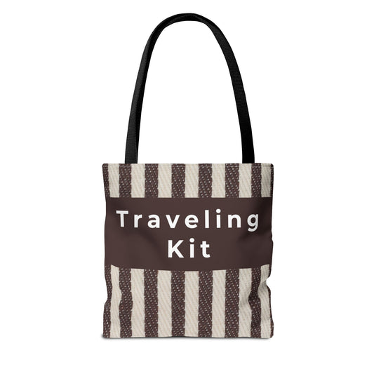 Striped canvas tote bag with brown panel and black handles front view